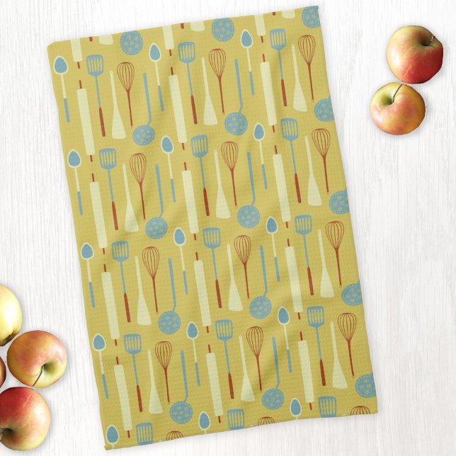 Retro Kitchen Utensils Towel (Retro kitchen utensils yellow kitchen tea towel)