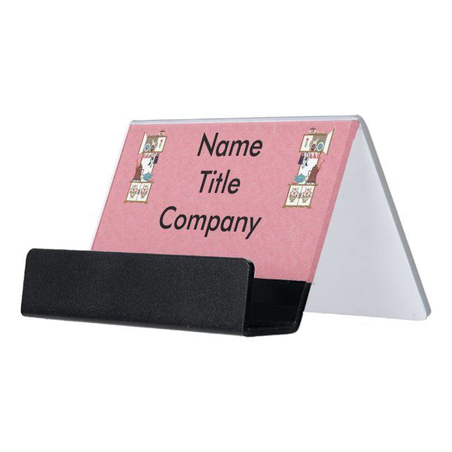 Retro Kitchen White Stove Flowers Pots Pans Pink Desk Business Card Holder (Angled Front)
