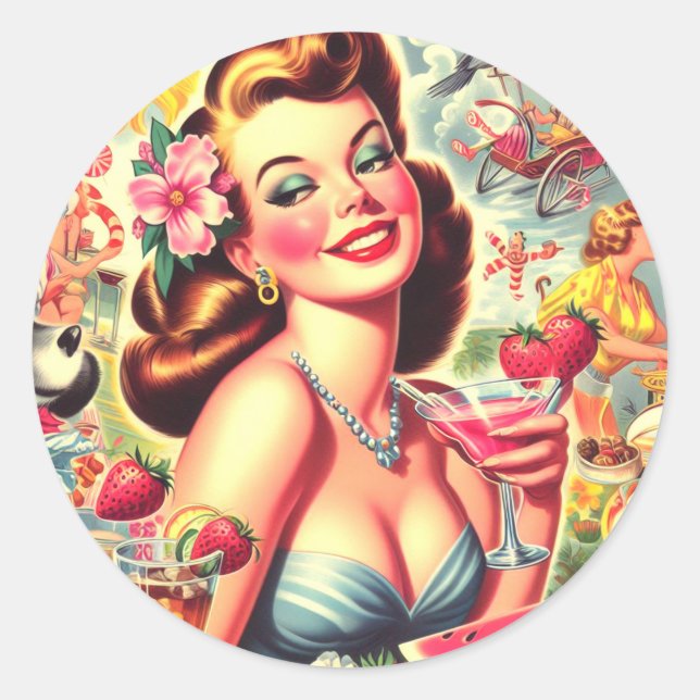 Retro Kitsch Cute Pinup Classic Round Sticker (Front)