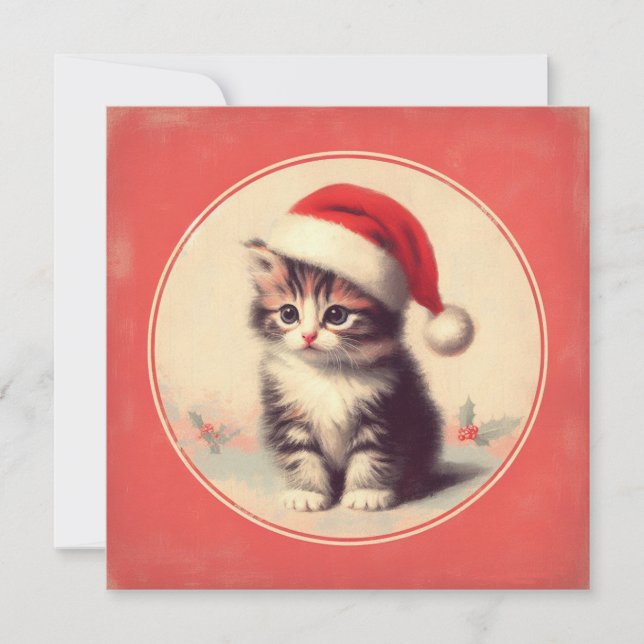 Retro Kitten in Santa Hat Holiday Card (Front)