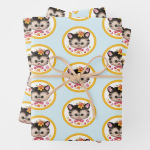 Retro Kitten Wrapping Paper Flat Sheet Set of 3