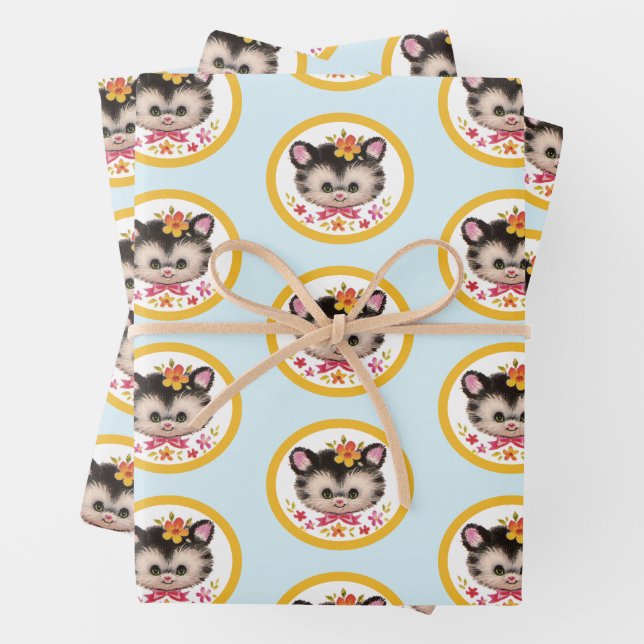 Retro Kitten Wrapping Paper Flat Sheet Set of 3 (In situ)