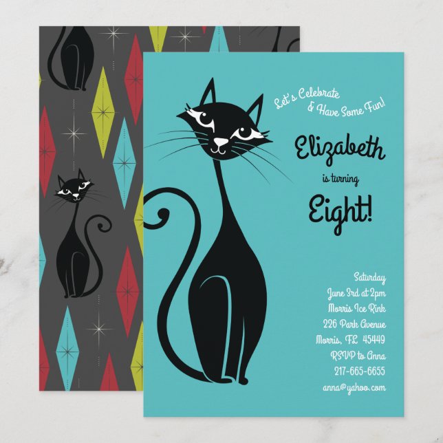 Retro Kitty Cat Kids Birthday Party Invitation (Front/Back)