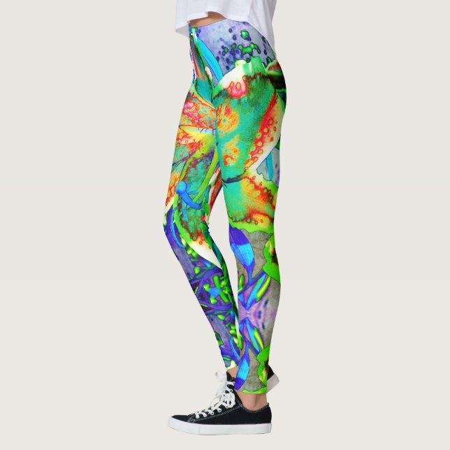 Retro kiwi lily abstract tropical flowers leggings (Left)