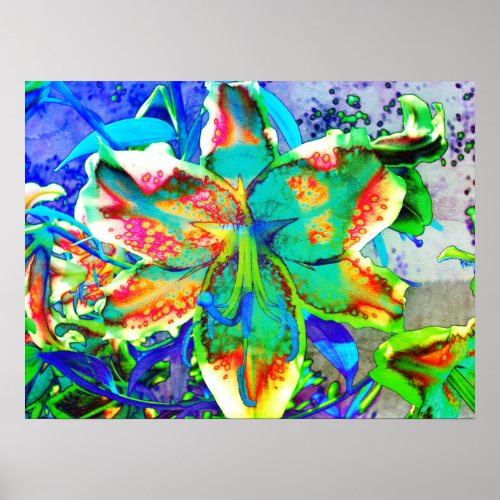 Retro kiwi lime abstract green teal tropical lily poster