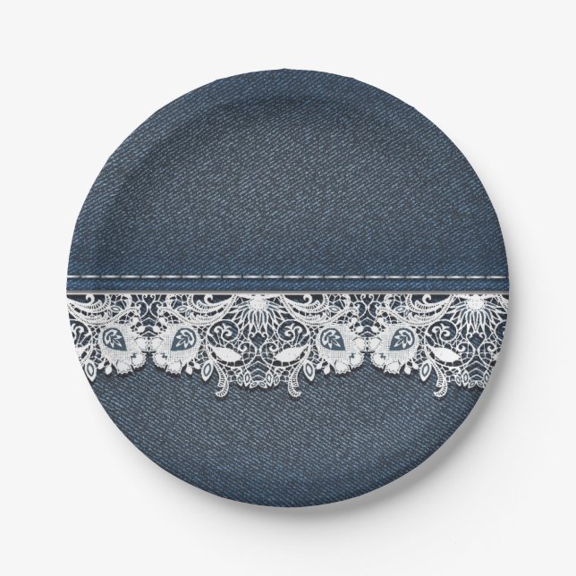 Retro Lace and Denim Texture Paper Plates (Front)