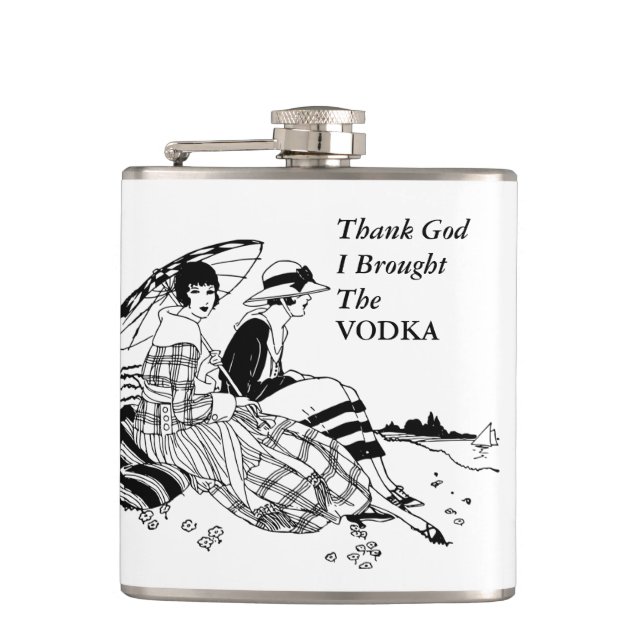 Retro Ladies On Beach Funny Vodka Alcohol Quote Flask (Front)