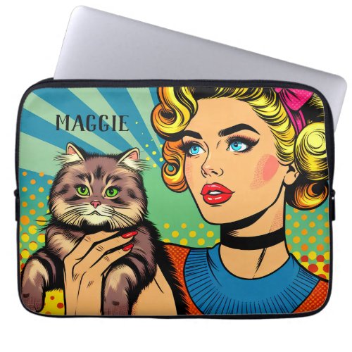 Retro Lady and Cat Personalized Laptop Sleeve