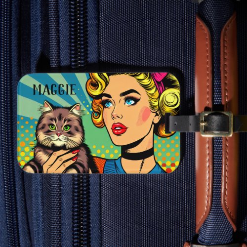 Retro Lady and Cat Personalized Luggage Tag