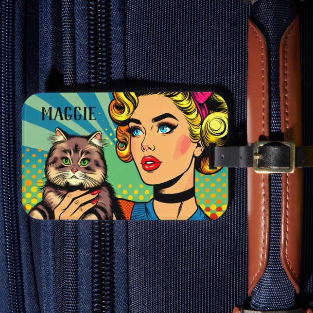 Retro Lady and Cat Personalized Luggage Tag (Front Insitu 4)