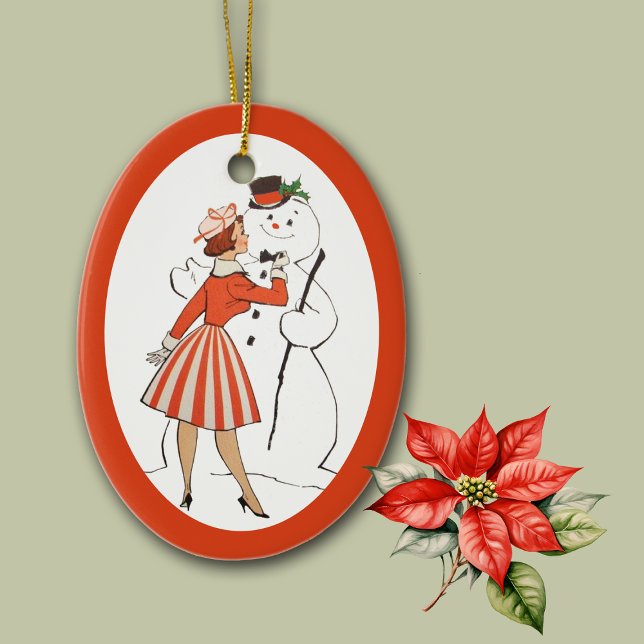 Retro Lady and Snowman Ceramic Ornament (Creator Uploaded)