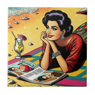 Retro Lady at Beach Daydreaming about Fashion Ceramic Tile