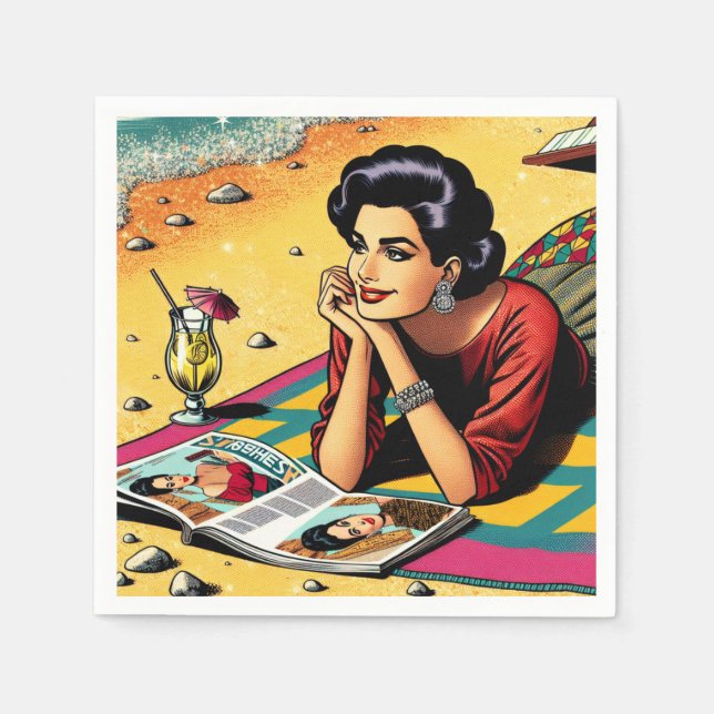 Retro Lady at Beach Daydreaming about Fashion Napkins (Front)
