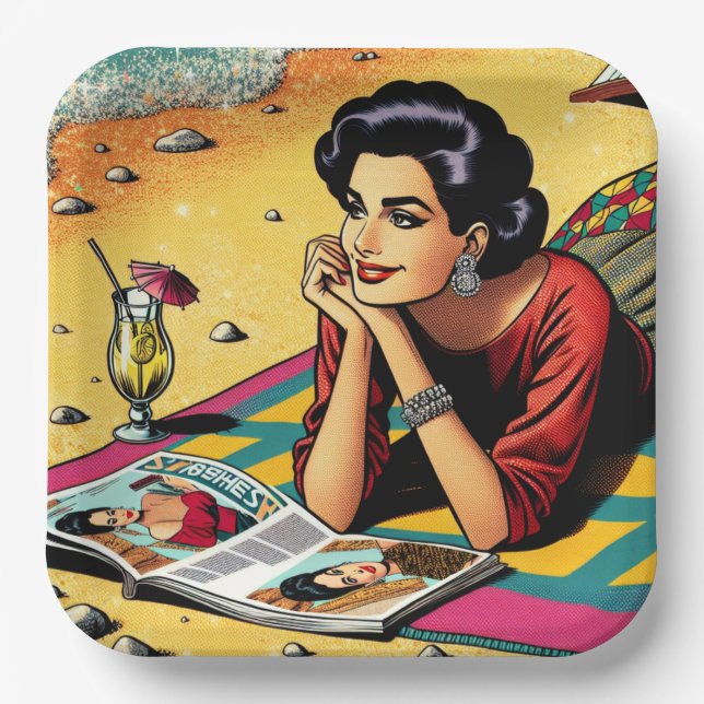 Retro Lady at Beach Daydreaming about Fashion Paper Plates (Front)