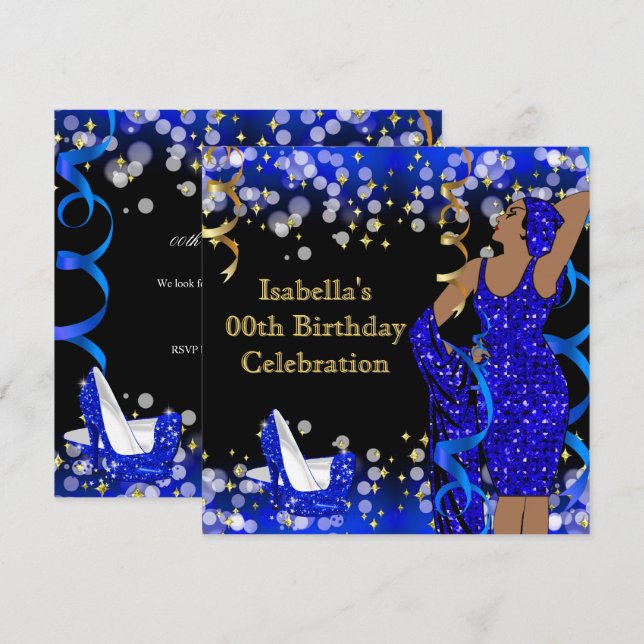 Retro Lady Blue Gold Glitter High Heels Birthday Invitation (Front/Back)