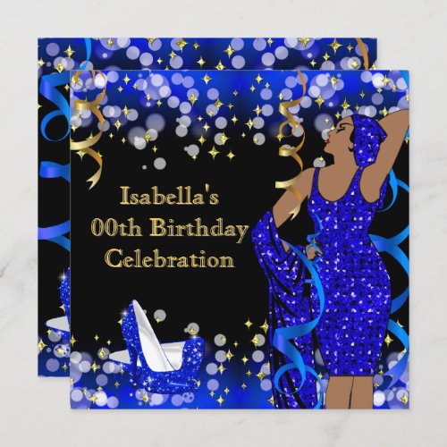 Retro Lady Blue Gold Glitter High Heels Birthday Invitation