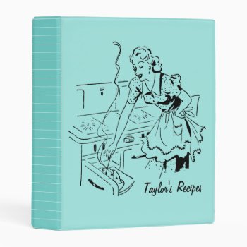 Retro Lady Cooking Mint Green Personalized Recipe Mini Binder by whimsydesigns at Zazzle