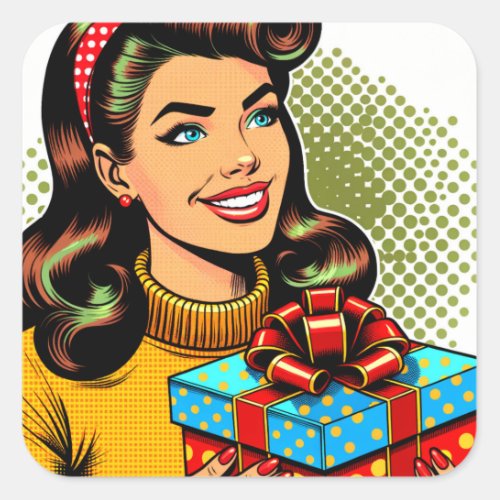  Retro Lady Holding a Birthday Present Square Sticker