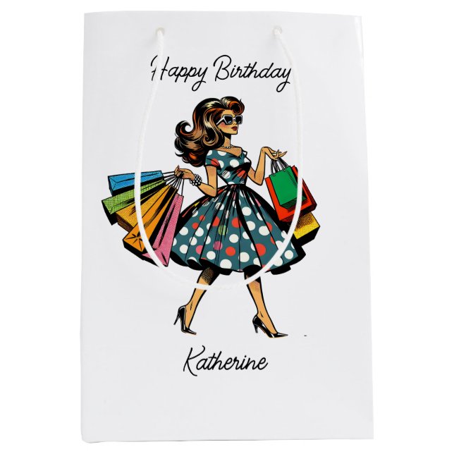 Retro Lady Personalized Birthday Medium Gift Bag (Front)