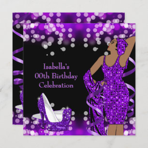 Retro Lady Purple Glitter High Heels Birthday Invitation