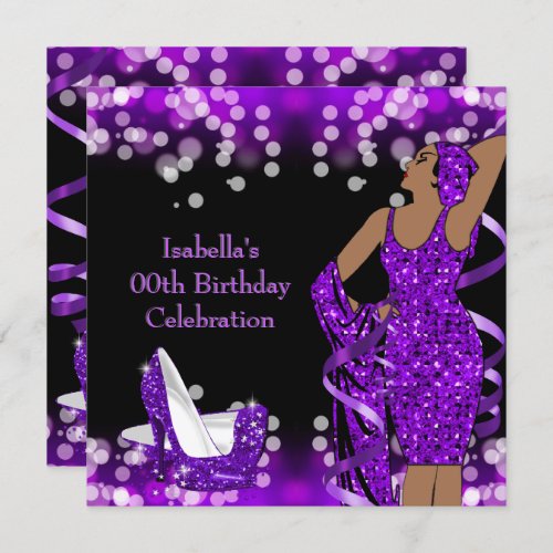 Retro Lady Purple Glitter High Heels Birthday Invitation