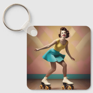 Retro Lady Roller Skating Backwards, Keychain