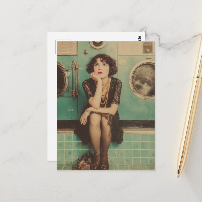 Retro Lady sits bored at the laundromat Postcard (Front/Back In Situ)
