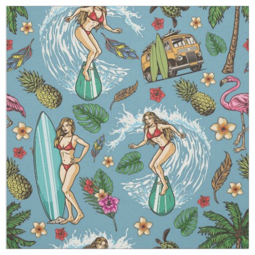 Retro lady surfer pattern fabric