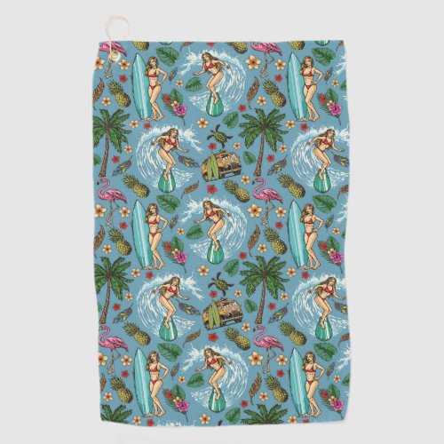 Retro lady surfer pattern golf towel