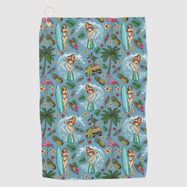 Retro lady surfer pattern golf towel (Front)