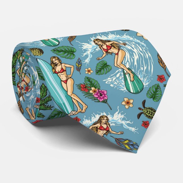 Retro lady surfer pattern neck tie (Rolled)
