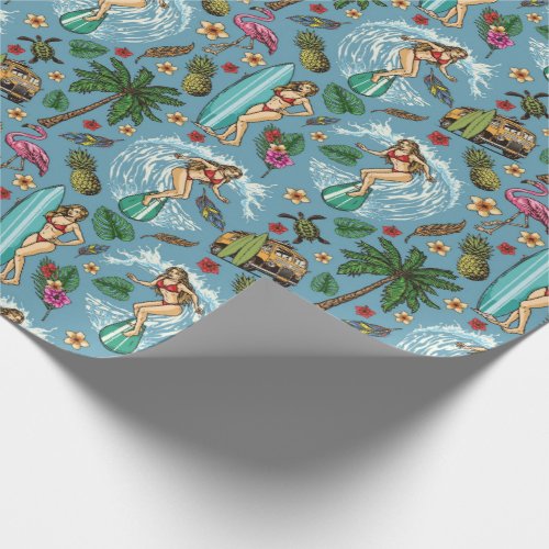 Retro lady surfer pattern wrapping paper