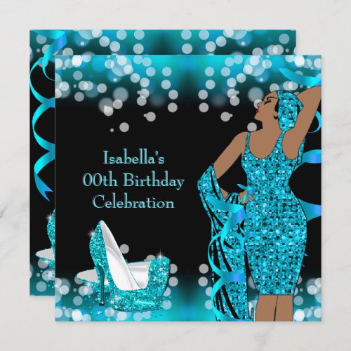 Retro Lady Teal Glitter High Heels Birthday Party Invitation
