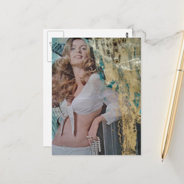 Retro lady with pearls Mixed media collage Postcard (Front/Back In Situ)
