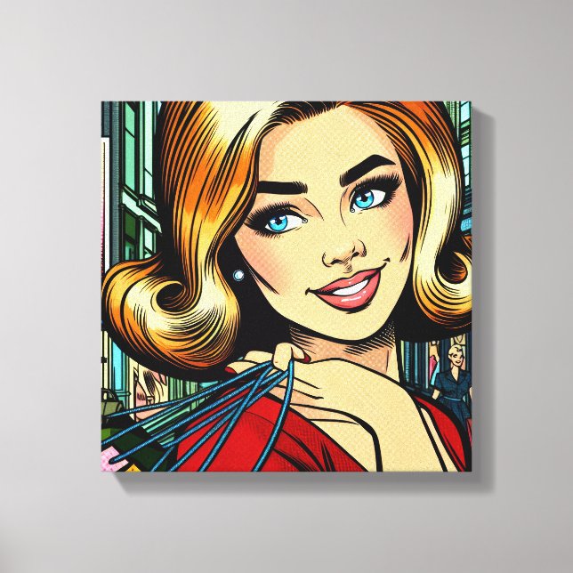 Retro Lady with Shopping Bags Mid Century Canvas Print (Front)