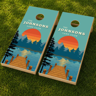 Retro Lake Club Family Name Vintage Sunset Cornhole Set