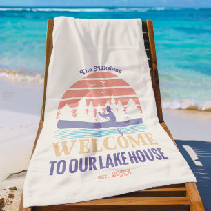 Retro Lake House Family Name Beach Towel