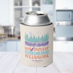 Retro Lake House Family Name Can Cooler