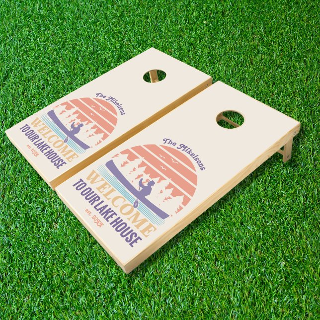 Retro Lake House Family Name Cornhole Set (Creator Uploaded)