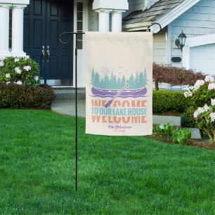 Retro Lake House Family Name Garden Flag