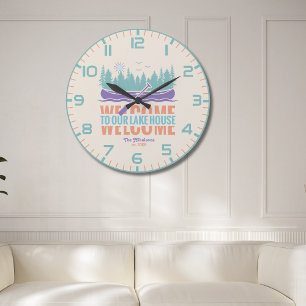 Retro Lake House Family Name Large Clock