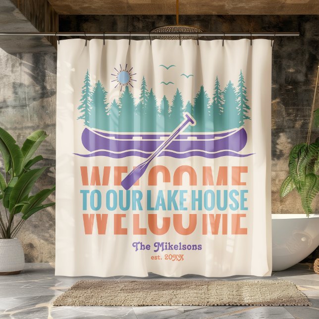 Retro Lake House Family Name Shower Curtain (Creator Uploaded)
