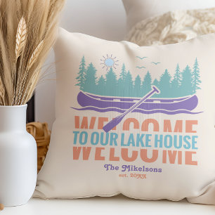 Retro Lake House Family Name Throw Pillow