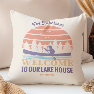 Retro Lake House Family Name Throw Pillow