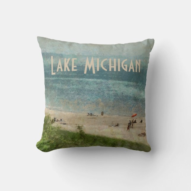 Retro Lake Michigan Shoreline Beach Throw Pillow (Front)