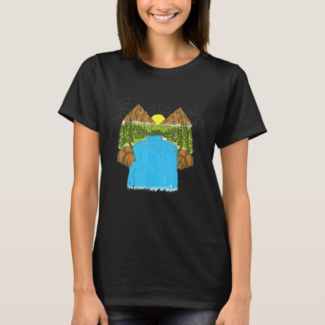 Retro Lake Mountain Sun Landscape Forest T-Shirt (Front)