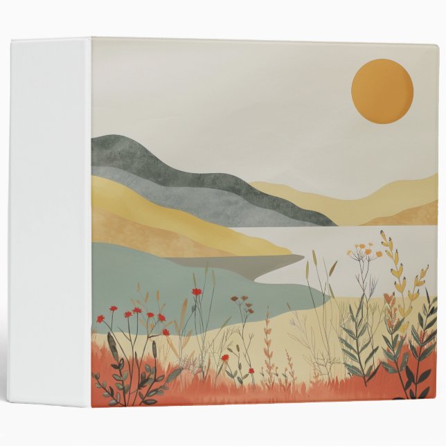 Retro Lakeside Sunset Terracotta Sage Landscape 3 Ring Binder (Front/Spine)