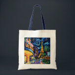 Retro Las Vegas Van Gogh Style Casino Night City  Tote Bag<br><div class="desc">A radiant Las Vegas cityscape reimagined in the retro Van Gogh style, this artwork captures the Strip’s glittering nightlife and iconic casino lights with swirling brushstrokes and deep, expressive color. Inspired by Starry Night, it transforms the famous Las Vegas skyline, glowing Eiffel Tower replica, and palm-lined streets into a dreamlike...</div>