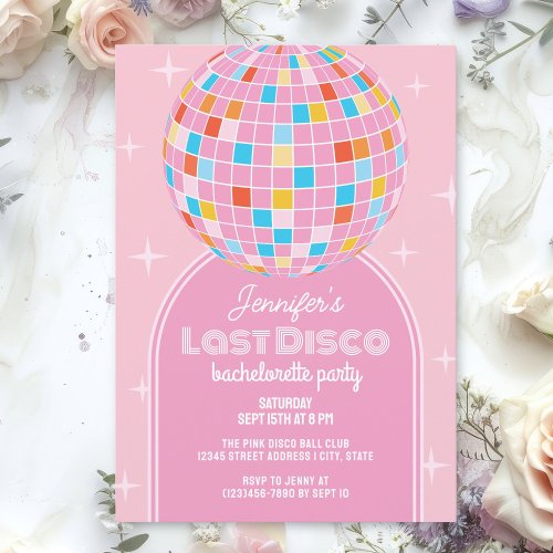 Retro Last Disco Cute Pink Arch Bachelorette Party Invitation