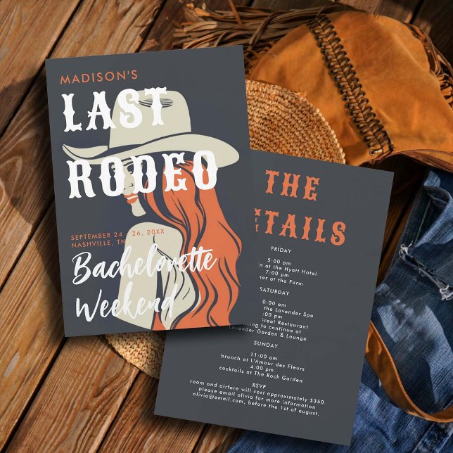 Retro Last Rodeo Ink Black Itinerary Bachelorette Invitation (last rodeo bachelorette weekend invitation itinerary retro vintage elegant glam black orange art )